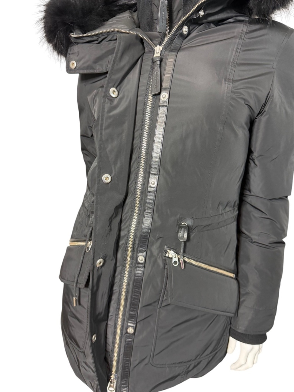 Mackage Down Parka Coat Real Asiatic Raccoon Fur Leather Trim Black XXS - Picture 4 of 16
